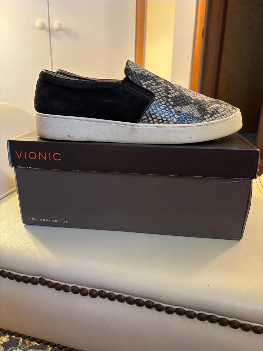 Vionic Women’s Slip-On Loafer in Black and Gray Snake-Print